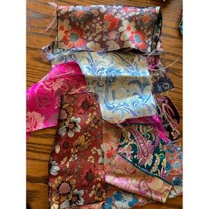 Vintage Silk Brocade Fabric Scraps Lot Floral Paisley Jacquard Remnants Mix 9pc